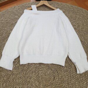 White Off-Shoulder Ribbed Knit Sweater Pearl Button Cuff